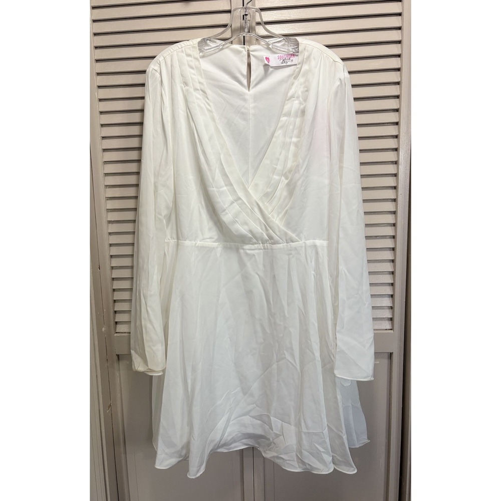 Southern Fried Chics White Chiffon Fit Flare Dress NWT 3XL Lined Ruffle Long Sl